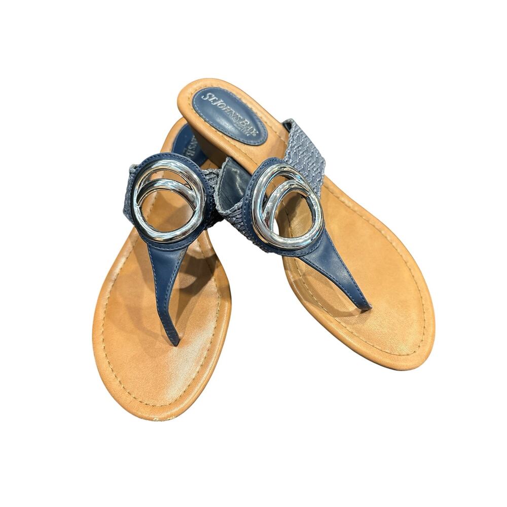 St Johns Bay blue woven thong sandals women’s 7.5. Silver O ring accent on front